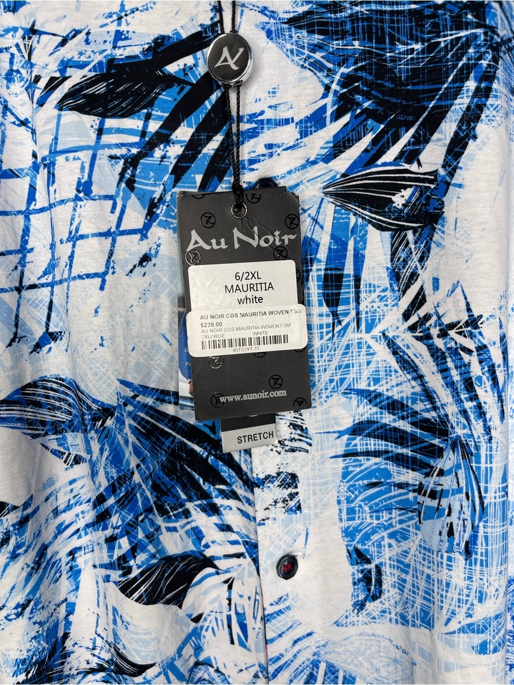 Au Noir Mauritia White Blue Abstract Stretch Button Down Dress Shirt Size 6 2XL - Picture 3 of 8